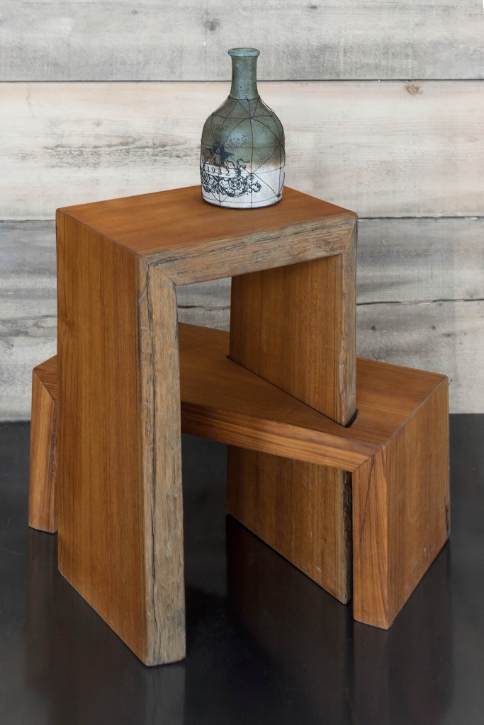 Tavolino arredo geometrico in legno di teak due ripiani - Bruno Spreafico